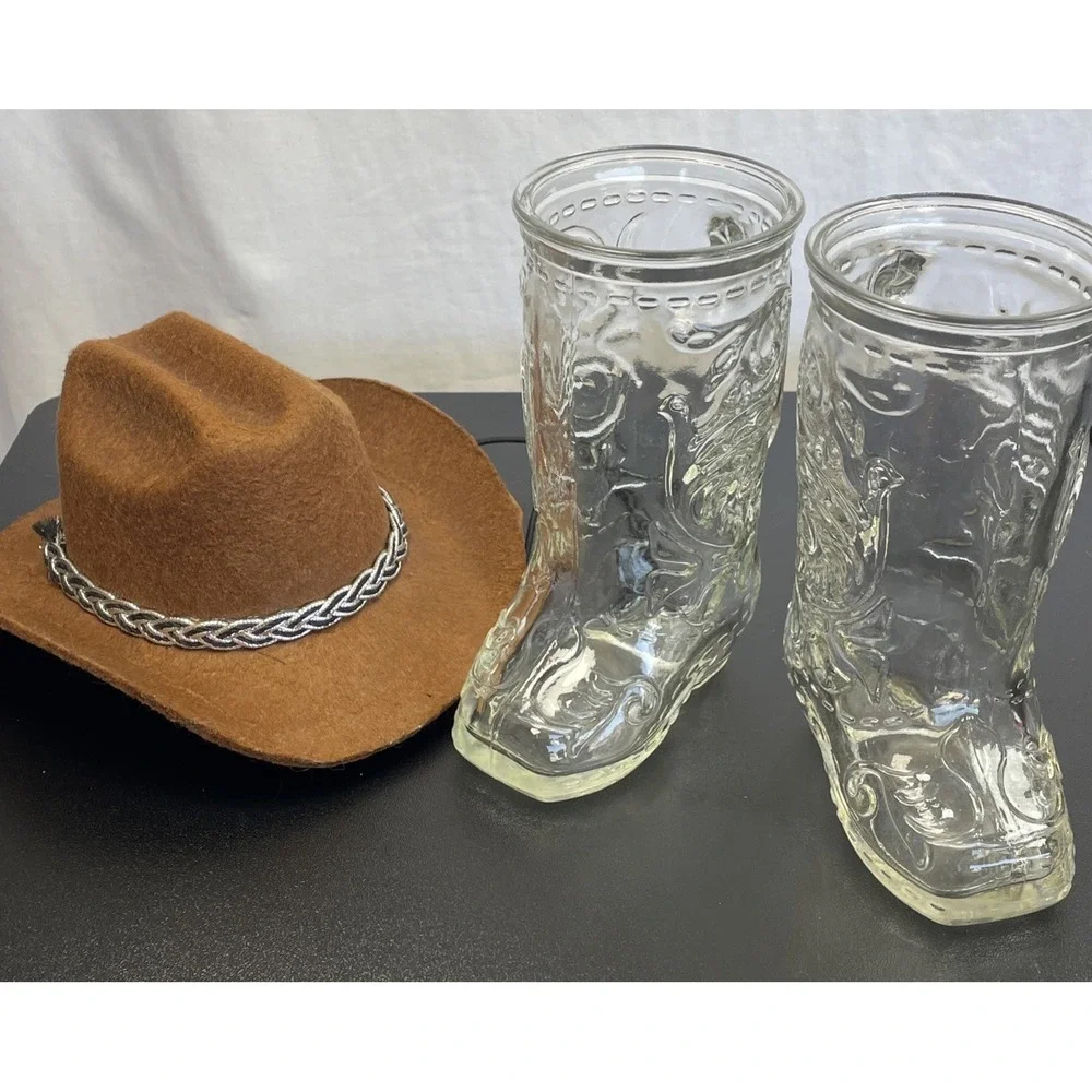 Vintage‎ lot of 2 Libbey Clear Glass Beer Mugs Cowboy Boots western bar ware